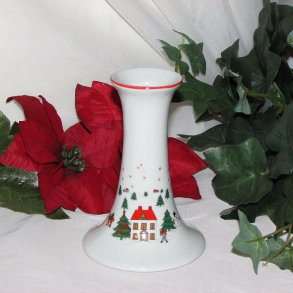 Christmas Candle Holder Porcelain Single Candlestick Holiday Winter Scene - Picture 1 of 4